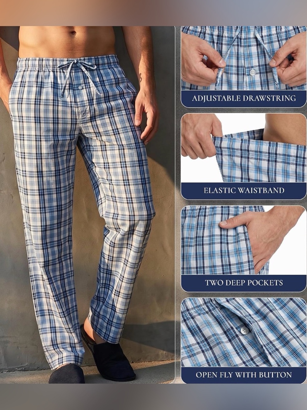 Men's Light Blue Plaid Cotton Sleep Pants L - Picture 3 of 4
